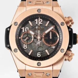 HUBLOT BIG BANG UNICO KING GOLD IMITATION WATCHES ROSE GOLD PLATE BLACK DIAL ZF FACTORY 44MM 1 ĐỒNG HỒ HUBLOT BIG BANG UNICO KING GOLD REP 11 DÂY CAO SU MÀU ĐEN ZF 44MM