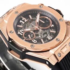 HUBLOT BIG BANG UNICO KING GOLD IMITATION WATCHES ROSE GOLD PLATE BLACK DIAL ZF FACTORY 44MM 3 ĐỒNG HỒ HUBLOT BIG BANG UNICO KING GOLD REP 11 DÂY CAO SU MÀU ĐEN ZF 44MM