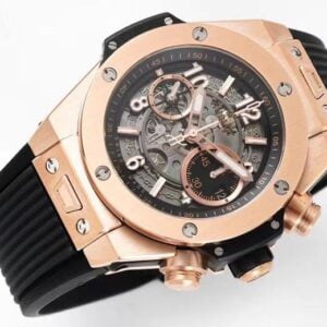 HUBLOT BIG BANG UNICO KING GOLD IMITATION WATCHES ROSE GOLD PLATE BLACK DIAL ZF FACTORY 44MM 2 ĐỒNG HỒ HUBLOT BIG BANG UNICO KING GOLD REP 11 DÂY CAO SU MÀU ĐEN ZF 44MM