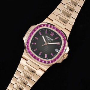 PATEK PHILIPPE NAUTILUS 5711 ROSE GOLD CASE RHINESTONE RUBY GEM COPIES WATCHES 40MM 4 dong ho patek philippe nautilus 5711 vang hong vien da ruby replica 40mm 2