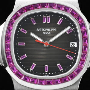 PATEK PHILIPPE NAUTILUS 5711 BLACK DIAL RHINESTONE PINK RUBY GEM REPLICA 40MM 1 dong ho patek philippe nautilus 5711 vien da ruby do replica 40mm 2
