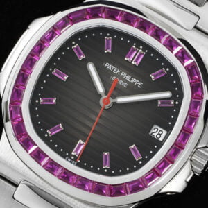 PATEK PHILIPPE NAUTILUS 5711 BLACK DIAL RHINESTONE PINK RUBY GEM REPLICA 40MM 2 dong ho patek philippe nautilus 5711 vien da ruby do replica 40mm 3