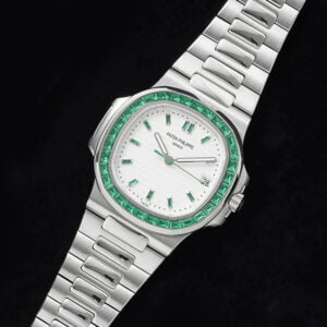 PATEK PHILIPPE NAUTILUS 5711 RHINESTONE EMERAL GEM WHITE DIAL REPLICA WATCHES 40MM 2 dong ho patek philippe nautilus 5711 vien da ruby xanh replica 3
