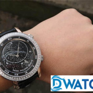 PATEK PHILIPPE GRAND COMPLICATIONS 6102 BLACK DIAL RHINESTONE CASE BLACK LEATHER STRAP 43MM 6 ĐỒNG HỒ NAM PATEK PHILIPPE GRAND COMPLICATIONS 6102 MẶT SỐ ĐEN ĐÍNH ĐÁ 43MM