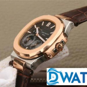 PATEK PHILIPPE NAUTILUS 5712 COPIES WATCHES ROSE GOLD CASE BROWN LEATHER STRAP BLACK DIAL PF 40MM 2 ĐỒNG HỒ NAM PATEK PHILIPPE NAUTILUS 5712 MẶT SỐ TRÒN DÂY DA FAKE 11 PF 40MM