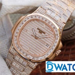 PATEK PHILIPPE NAUTILUS 5719/1R REPLICA WATCHES ROSE GOLD CASE RHINESTONE BAGUETTE FULL 40MM 4 ĐỒNG HỒ NAM PATEK PHILIPPE NAUTILUS 5719/1R REPLICA 11 ĐÍNH FULL ĐÁ 40MM