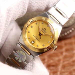 ĐỒNG HỒ NỮ OMEGA CONSTELLATION MẶT VÀNG VIỀN TRƠN REPLICA 29MM 1 dong ho nu omega constellation mat vang vien tron replica 29mm 2