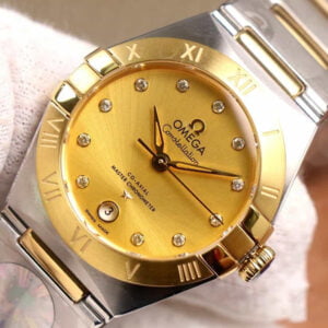 ĐỒNG HỒ NỮ OMEGA CONSTELLATION MẶT VÀNG VIỀN TRƠN REPLICA 29MM 2 dong ho nu omega constellation mat vang vien tron replica 29mm 3