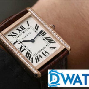 CARTIER TANK LUXURY WATCHES ROSE GOLD RHINESTONE CASE LEATHER STRAP 33X27MM 6 ĐỒNG HỒ NỮ CARTIER TANK DÂY DA ĐÍNH ĐÁ VIỀN FAKE CAO CẤP 33X27MM