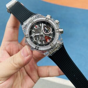 HUBLOT BIG BANG UNICO CHRONOGRAPH IMITATION WATCHES CRYSTAL CASE RHINESTONE BAGUETTE BEZEL BLACK RUBBER STRAP 45MM 1 ĐỒNG HỒ NAM MÁY CƠ ĐÍNH ĐÁ HUBLOT BIG BANG CHRONOGRAPH REPLICA 1:1 CAO CẤP 45MM