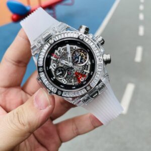 HUBLOT BIG BANG UNICO CHRONOGRAPH BEST REPLICA WATCHES CRYSTAL CASE RHINESTONE BEZEL BAGUETTE HB FACTORY 45MM 1 ĐỒNG HỒ NAM CƠ 5 KIM ĐÍNH ĐÁ HUBLOT BIG BANG CHRONOGRAPH HB FACTORY REP 1:1 CAO CẤP 45MM