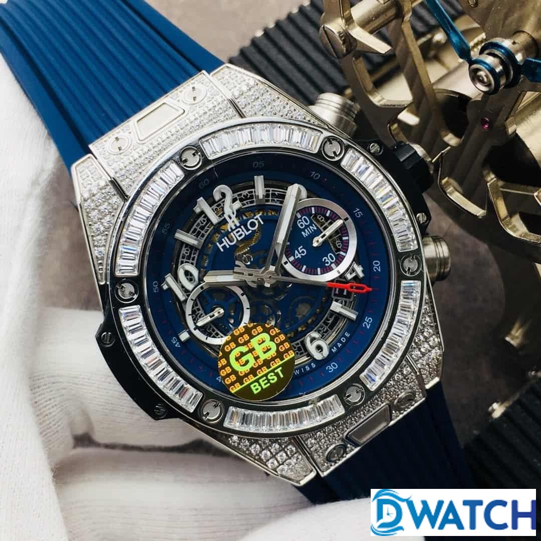 ĐỒNG HỒ NAM HUBLOT BIG BANG ĐÍNH ĐÁ TRẮNG DÂY CAO SU XANH REPLICA 45MM ĐỒNG HỒ NAM HUBLOT BIG BANG ĐÍNH ĐÁ TRẮNG DÂY CAO SU XANH REPLICA 45MM