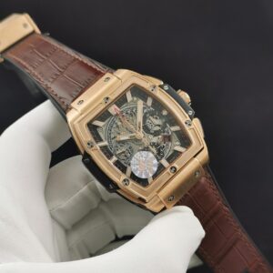 HUBLOT SPIRIT OF BIG BANG CHRONOGRAPH IMITATION WATCHES ROSE GOLD PLATE CASE BROWN LEATHER COVER RUBBER STRAP 42MM 1 ĐỒNG HỒ CƠ NAM 6 KIM HUBLOT SPIRIT OF BIG BANG CHRONOGRAPH REPLICA 1:1 CAO CẤP 42MM