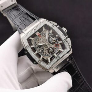 HUBLOT SPIRIT OF BIG BANG CHRONOGRAPH HIGH END WATCH REPLICAS RHINESTONE BEZEL BLACK RUBBER STRAP 42MM 1 ĐỒNG HỒ CƠ NAM ĐÍNH ĐÁ HUBLOT SPIRIT OF BIG BANG CHRONOGRAPH FAKE CAO CẤP 42MM