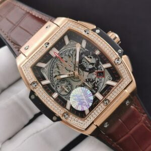 HUBLOT SPIRIT OF BIG BANG CHRONOGRAPH KING GOLD LUXURY FAKE WATCHES RHINESTONE BEZEL ROSE GOLD PLATE 42MM 3 ĐỒNG HỒ HUBLOT SPIRIT OF BIG BANG CHRONOGRAPH KING GOLD ĐÍNH ĐÁ REPLICA 1:1 42MM
