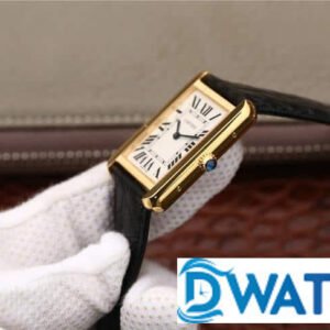 CARTIER TANK REPLICA WATCHES GOLD PLATE CASE LEATHER STRAP 33X27MM 2 ĐỒNG HỒ NỮ CARTIER TANK MẶT SỐ TRẮNG CÓC SỐ LA MÃ FAKE CAO CẤP 33X27MM