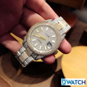ROLEX DATEJUST REPLICA WATCHES TWO TONES RHINESTONE FULL GEM AUTOMATIC INDEX HOURS 41MM 2 ĐỒNG HỒ ROLEX DATEJUST NAM MÁY CƠ ĐÍNH FULL ĐÁ DÂY KIM LOẠI REPLICA 1:1 CAO CẤP 41MM
