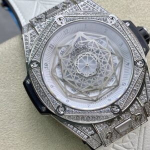 HUBLOT BIG BANG SANG BLEU ll GOOD IMITATION WATCHES RHINESTONE CASE WHITE DIAL RUBBER STRAP 45MM 1 ĐỒNG HỒ CƠ NAM ĐÍNH ĐÁ MÀU TRẮNG HUBLOT BIG BANG SANG BLEU REPLICA 1:1 CAO CẤP 45MM