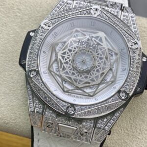 HUBLOT BIG BANG SANG BLEU ll GOOD IMITATION WATCHES RHINESTONE CASE WHITE DIAL RUBBER STRAP 45MM 2 ĐỒNG HỒ CƠ NAM ĐÍNH ĐÁ MÀU TRẮNG HUBLOT BIG BANG SANG BLEU REPLICA 1:1 CAO CẤP 45MM