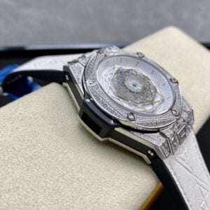 HUBLOT BIG BANG SANG BLEU ll GOOD IMITATION WATCHES RHINESTONE CASE WHITE DIAL RUBBER STRAP 45MM 4 ĐỒNG HỒ CƠ NAM ĐÍNH ĐÁ MÀU TRẮNG HUBLOT BIG BANG SANG BLEU REPLICA 1:1 CAO CẤP 45MM