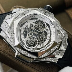 HUBLOT BIG BANG SANG BLEU ll CHRONOGRAPH GOOD IMITATION WATCHES WHITE DIAL RHINESTONE CASE 45MM 1 ĐỒNG HỒ CƠ NAM ĐÍNH ĐÁ HUBLOT BIG BANG SANG BLEU ll CHRONOGRAPH REP 1:1 CAO CẤP 45MM