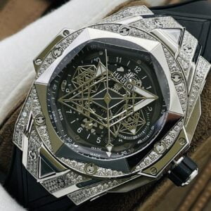 HUBLOT BIG BANG SANG BLEU ll BEST REPLICA WATCHES BLACK DIAL RHINESTONE CASE RUBBER STRAP 45MM 1 ĐỒNG HỒ ĐÍNH ĐÁ CƠ NAM HUBLOT BIG BANG SANG BLEU ll REPLICA 1:1 CAO CẤP 45MM