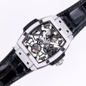 HUBLOT SPIRIT OF BIG BANG TOURBILLON LUXURY FAKE WATCHES RHINESTONE CASE BLACK DIAL RUBBER STRAP 45MM 1 ĐỒNG HỒ NAM ĐÍNH ĐÁ HUBLOT SPIRIT OF BIG BANG REPLICA 1:1 CAO CẤP 45MM