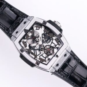 HUBLOT SPIRIT OF BIG BANG TOURBILLON LUXURY FAKE WATCHES RHINESTONE CASE BLACK DIAL RUBBER STRAP 45MM 2 ĐỒNG HỒ NAM ĐÍNH ĐÁ HUBLOT SPIRIT OF BIG BANG REPLICA 1:1 CAO CẤP 45MM