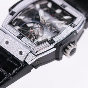 HUBLOT SPIRIT OF BIG BANG TOURBILLON LUXURY FAKE WATCHES RHINESTONE CASE BLACK DIAL RUBBER STRAP 45MM 4 ĐỒNG HỒ NAM ĐÍNH ĐÁ HUBLOT SPIRIT OF BIG BANG REPLICA 1:1 CAO CẤP 45MM