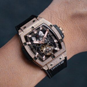 HUBLOT SPIRIT OF BIG BANG TOURBILON GOOD IMITATION WATCHES RHINESTONE CASE ROSE GOLD PLATE BLACK DIAL RUBBER STRAP 45MM 7 ĐỒNG HỒ NAM ĐÍNH ĐÁ DÂY DA HUBLOT SPIRIT OF BIG BANG TOURBILON REP 1:1 CAO CẤP 45MM