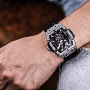 HUBLOT SPIRIT OF BIG BANG TOURBILLON LUXURY FAKE WATCHES RHINESTONE CASE BLACK DIAL RUBBER STRAP 45MM 7 ĐỒNG HỒ NAM ĐÍNH ĐÁ HUBLOT SPIRIT OF BIG BANG REPLICA 1:1 CAO CẤP 45MM