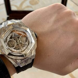 HUBLOT BIG BANG SANG BLEU ll CHRONOGRAPH GOOD IMITATION WATCHES WHITE DIAL RHINESTONE CASE 45MM 7 ĐỒNG HỒ CƠ NAM ĐÍNH ĐÁ HUBLOT BIG BANG SANG BLEU ll CHRONOGRAPH REP 1:1 CAO CẤP 45MM