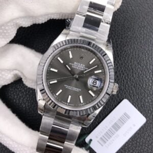 ROLEX DATEJUST COPIES WATCHES GREY DIAL OYSTER STRAP INDEX HOURS VS FACTORY 41MM 2 ĐỒNG HỒ NAM DÂY KIM LOẠI ROLEX DATEJUST VS FACTORY REP 1:1 CAO CẤP 41MM