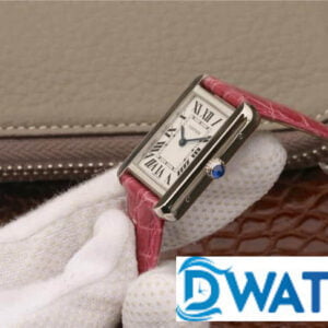 CARTIER TANK REPLICA WATCH STAINLESS STEEL PINK LEATHER STRAP 33X27MM 3 ĐỒNG HỒ NỮ CARTIER TANK MẶT SỐ TRẮNG VIỀN TRƠN FAKE CAO CẤP 33X27MM