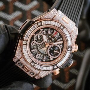 HUBLOT BIG BANG UNICO KING GOLD GOOD IMITATION WATCHES RHINESTONE CASE ONE CLICK STRAP ROSE GOLD PLATE 45,5MM 2 ĐỒNG HỒ NAM ĐÍNH FULL ĐÁ MÁY CƠ HUBLOT BIG BANG UNICO REP 1:1 CAO CẤP 45,5MM