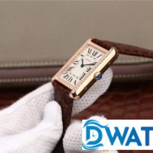 CARTIER TANK LUXURY WATCHES ROSE GOLD RHINESTONE CASE LEATHER STRAP 33X27MM 3 ĐỒNG HỒ NỮ CARTIER TANK DÂY DA ĐÍNH ĐÁ VIỀN FAKE CAO CẤP 33X27MM