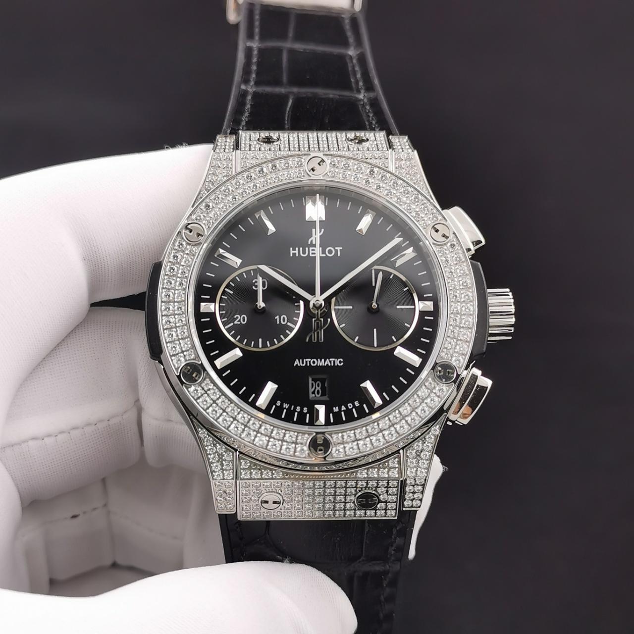 ĐỒNG HỒ NAM CƠ 5 KIM MÀU ĐEN ĐÍNH ĐÁ HUBLOT CLASSIC FUSION CHRONOGRAPH REP 1:1 45MM ĐỒNG HỒ NAM CƠ 5 KIM MÀU ĐEN ĐÍNH ĐÁ HUBLOT CLASSIC FUSION CHRONOGRAPH REP 1:1 45MM