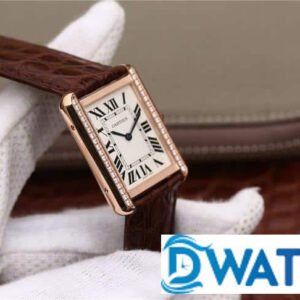 CARTIER TANK LUXURY WATCHES ROSE GOLD RHINESTONE CASE LEATHER STRAP 33X27MM 2 ĐỒNG HỒ NỮ CARTIER TANK DÂY DA ĐÍNH ĐÁ VIỀN FAKE CAO CẤP 33X27MM