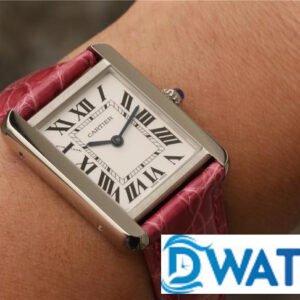 CARTIER TANK REPLICA WATCH STAINLESS STEEL PINK LEATHER STRAP 33X27MM 6 ĐỒNG HỒ NỮ CARTIER TANK MẶT SỐ TRẮNG VIỀN TRƠN FAKE CAO CẤP 33X27MM