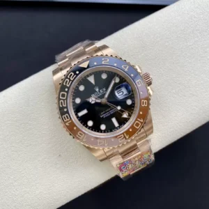 ROLEX GMT-MASTER II COPIES WATCHES ROOT BEER BENZEL ROSE GOLD PLATE CLEAN FACTORY 40MM 1 ĐỒNG HỒ NAM ROLEX GMT-MASTER II REP CAO CẤP MẶT SỐ ĐEN VỎ VÀNG HỒNG 40MM