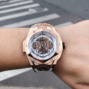 HUBLOT BIG BANG SANG BLEU REPLICA WATCHES ROSE GOLD PLATE WHITE DIAL RUBBER STRAP 45MM 5 ĐỒNG HỒ NAM HUBLOT BIGBANG REPLICA 1:1 PHỐI HAI MÀU SANG CHẢNH 45MM
