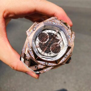 HUBLOT BIG BANG SANG BLEU IMITATION WATCHES ROSE GOLD PLATE RHINESTONE CASE WHITE DIAL RUBBER STRAP 45MM 2 ĐỒNG HỒ NAM HUBLOT BIGBANG REP 1:1 MẶT SỐ MÀU VÀNG ĐÍNH ĐÁ CAO CẤP 45MM