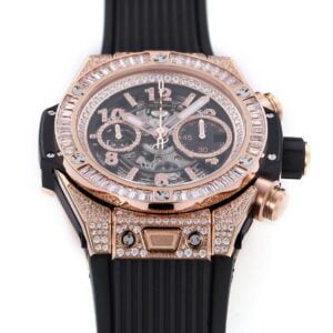HUBLOT BIG BANG UNICO KING GOLD LUXURY REPLICA WATCHES ROSE GOLD PLATE RHINESTONE BAGUETTE BEZEL AND FULL CASE 45MM 1 ĐỒNG HỒ NAM HUBLOT BIGBANG REP CAO CẤP ĐÍNH ĐÁ CỌC SỐ LẤP LÁNH 45MM