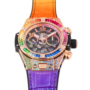 HUBLOT BIG BANG UNICO RAINBOW IMITATION WATCHES RUBBER STRAP CHRONOGRAPH RHINESTONE FULL GEM 45MM 1 ĐỒNG HỒ NAM HUBLOT BIGBANG REPLICA 1:1 UNICO RAINBOW CÁ TÍNH 45MM