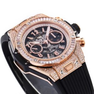 HUBLOT BIG BANG UNICO KING GOLD LUXURY REPLICA WATCHES ROSE GOLD PLATE RHINESTONE BAGUETTE BEZEL AND FULL CASE 45MM 2 ĐỒNG HỒ NAM HUBLOT BIGBANG REP CAO CẤP ĐÍNH ĐÁ CỌC SỐ LẤP LÁNH 45MM