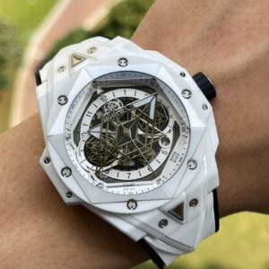 HUBLOT BIG BANG SANG BLEU KNOCK OFF WATCHES WHITE CERAMIC RUBBER STRAP 45MM 5 ĐỒNG HỒ NAM HUBLOT BIGBANG REPLICA 1:1 KẾT HỢP 2 MÀU ĐEN TRẮNG 45MM