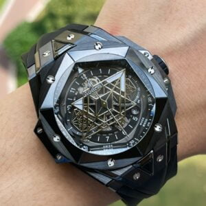 HUBLOT BIG BANG SANG BLEU GOOD IMITATION WATCHES BLACK CERAMIC RUBBER STRAP 45MM 5 ĐỒNG HỒ NAM HUBLOT BIGBANG REPLICA CAO CÁP THIẾT KẾ 5 KIM VÀNG HỒNG 45MM