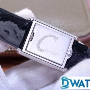 CARTIER TANK BASCULANTE LUXURY REPLICA WATCHES BLACK LEATHER STRAP RHINESTONE CASSE AW FACTORY 31MM 6 ĐỒNG HỒ NỮ CARTIER TANK BASCULANTE FAKE 1:1 NHÀ MÁY AW DÂY DA ĐEN 31MM