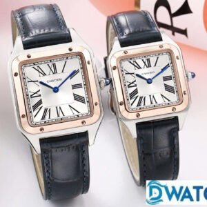 CARTIER SANTOS FOR COUPLE REPLICA WATCHES TWO TONE BLACK LEATHER STRAP 27.5 - 45.5MM 2 ĐỒNG HỒ ĐÔI CARTIER SANTOS FAKE 1:1 NHÀ MÁY F1 VÀNG HỒNG 27.5 - 45.5MM