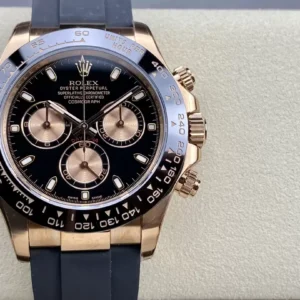 ROLEX DAYTONA COPIES WATCHES BLACK DIAL ROSE GOLD PLATE RUBBER STRAP CLEAN FACTORY 40MM 1 ĐỒNG HỒ NAM ROLEX DAYTONA LEAN FACTORY REPLICA KHÓA HỘP TRẺ TRUNG 40MM